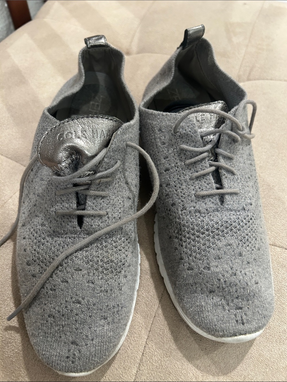 Cole Haan Women Gray Knit Lace-Up Sneakers with Metallic Tongue